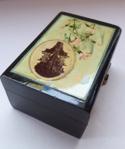 Antique 19th Century MAUCHLINE Ware Black Lacquer Box. Souvenir Box: Image of Linlithgow Palace and Victorian Flowers