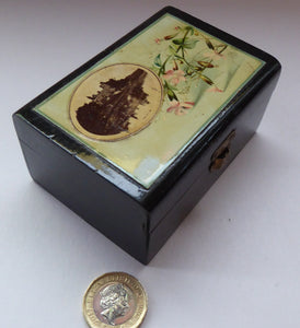 Antique 19th Century MAUCHLINE Ware Black Lacquer Box. Souvenir Box: Image of Linlithgow Palace and Victorian Flowers