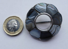 Load image into Gallery viewer, ANTIQUE Victorian Scottish Agate &amp; Silver Pebble Brooch with Halo of Montrose Grey Stones. 1850s

