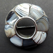 Load image into Gallery viewer, ANTIQUE Victorian Scottish Agate &amp; Silver Pebble Brooch with Halo of Montrose Grey Stones. 1850s

