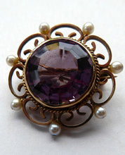 Load image into Gallery viewer, ANTIQUE 9ct Gold Brooch. Beautifully Made Little Gold Brooch Set with Seed Pearls and with Large Faceted Amethyst
