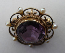 Load image into Gallery viewer, ANTIQUE 9ct Gold Brooch. Beautifully Made Little Gold Brooch Set with Seed Pearls and with Large Faceted Amethyst
