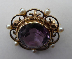 ANTIQUE 9ct Gold Brooch. Beautifully Made Little Gold Brooch Set with Seed Pearls and with Large Faceted Amethyst
