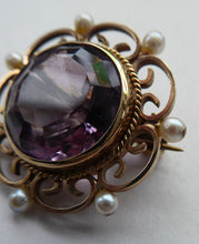 Load image into Gallery viewer, ANTIQUE 9ct Gold Brooch. Beautifully Made Little Gold Brooch Set with Seed Pearls and with Large Faceted Amethyst
