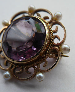 ANTIQUE 9ct Gold Brooch. Beautifully Made Little Gold Brooch Set with Seed Pearls and with Large Faceted Amethyst