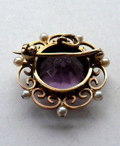 ANTIQUE 9ct Gold Brooch. Beautifully Made Little Gold Brooch Set with Seed Pearls and with Large Faceted Amethyst