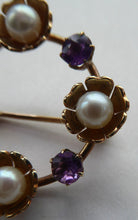 Load image into Gallery viewer, ANTIQUE 9ct Gold Brooch. Beautifully Made Little Gold Brooch Set with Seed Pearls and Little Faceted Amethyst Chips
