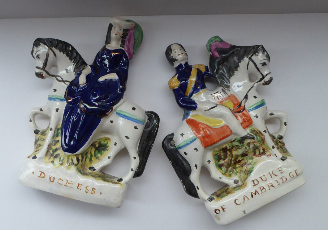 Gorgeous & Rare Pair of STAFFORDSHIRE FIGURES. The Duke and Duchess of Cambridge on Horseback