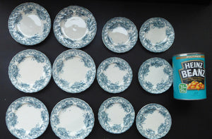 TWELVE Antique BISHOP & STONIER Miniature Child's Nursery Ashley Pattern Plates;  c 1880. Two Sets of Six