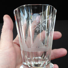 Load image into Gallery viewer, LARGE MASONIC Firing Glass - with Heavy Faceted Base and Fabulous Engraved Masonic Symbols: Sun, Pyramid, Dividers Etc
