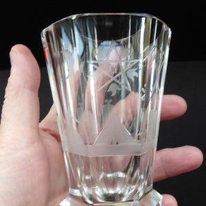 LARGE MASONIC Firing Glass - with Heavy Faceted Base and Fabulous Engraved Masonic Symbols: Sun, Pyramid, Dividers Etc
