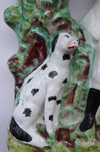 19th Century Staffordshire Figurine. Rare Antique  Flatback Model / Spill Vase of a Gamekeeper and His Dalmatian Dog