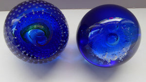 Fabulous Boxed PAIR of Blue Scottish Caithness Glass Paperweight: Vintage Space Age Designs by COLIN TERRIS. Milky Way and Planetarium