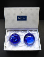 Load image into Gallery viewer, Fabulous Boxed PAIR of Blue Scottish Caithness Glass Paperweight: Vintage Space Age Designs by COLIN TERRIS. Milky Way and Planetarium

