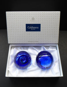 Fabulous Boxed PAIR of Blue Scottish Caithness Glass Paperweight: Vintage Space Age Designs by COLIN TERRIS. Milky Way and Planetarium