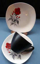 Load image into Gallery viewer, MIDWINTER. Pretty 1960s TRIO - Cup, Saucer &amp; Side Plate. Red Rose Motif. CARMEN Pattern
