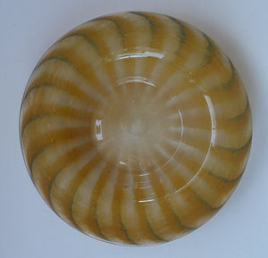 Vintage SCOTTISH ART GLASS Shallow Bowl: 7 inches diameter; with striped decoration. Probably by Monart