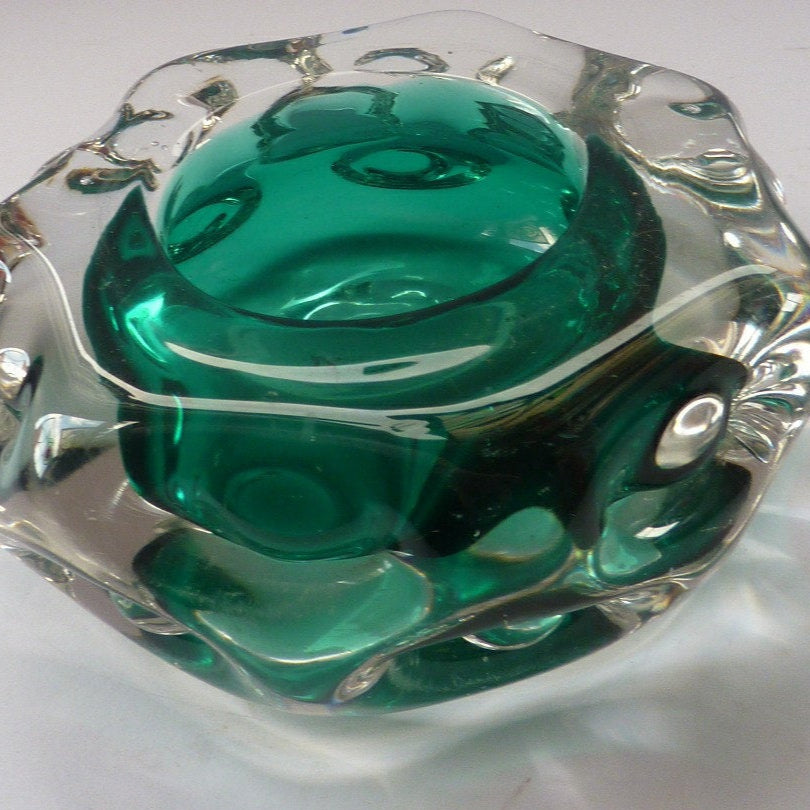 Vintage Cornish Liskeart Green Glass Bowl Jim Dyer