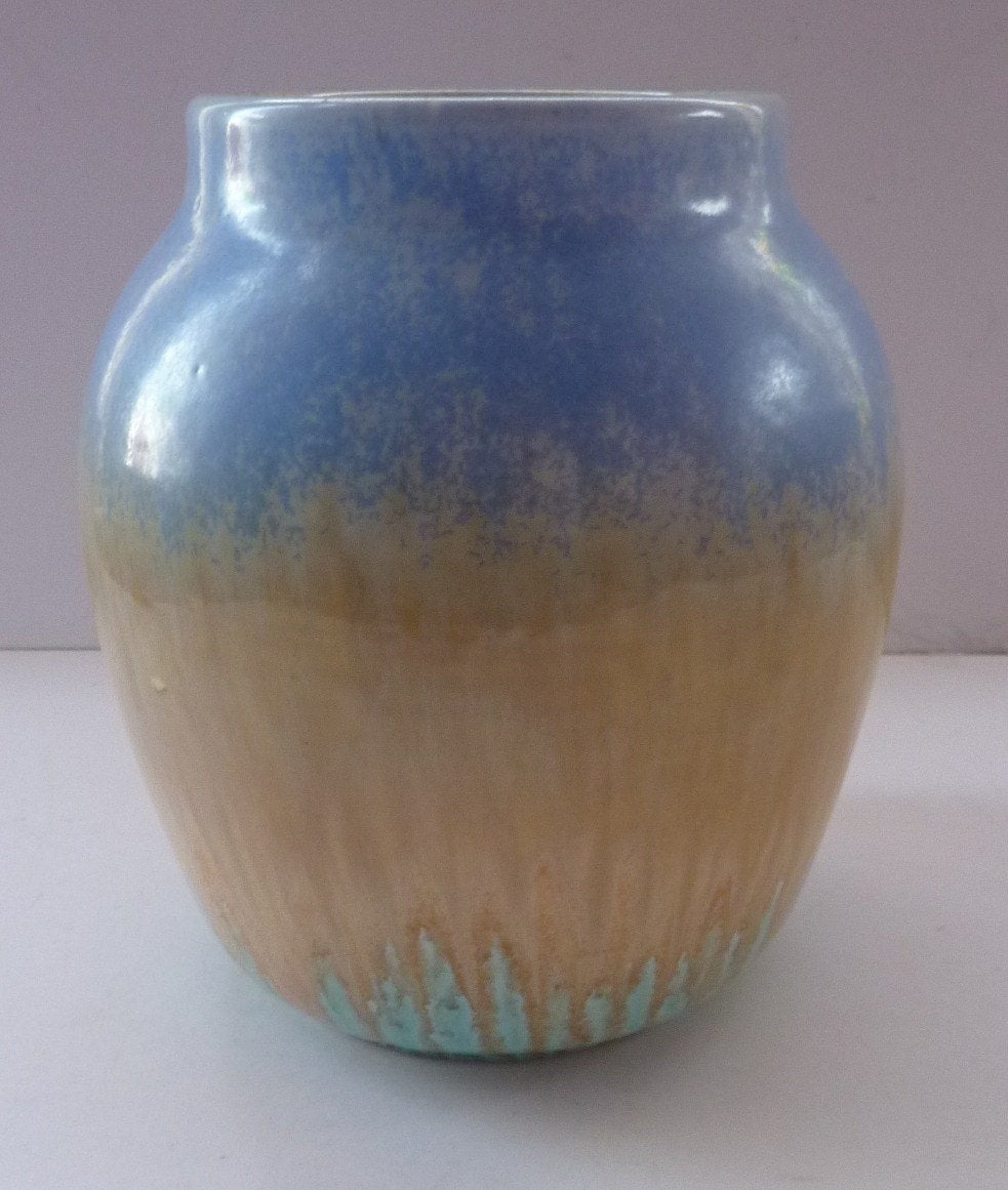 1930s RUSKIN POTTERY Vase with Subtle Powder Blue and Golden Beige Glazes. 7 1/2 inches tall