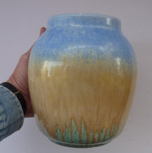 Load image into Gallery viewer, 1930s RUSKIN POTTERY Vase with Subtle Powder Blue and Golden Beige Glazes. 7 1/2 inches tall
