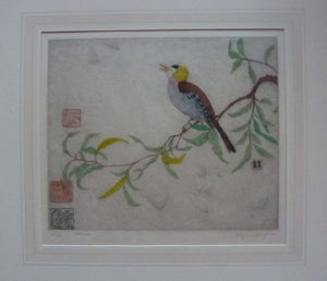ORIGINAL DRYPOINT Etching / Woodblock Print by Elyse Ashe Lord (British, 1900–1971). Chinese Bird on a Branch, 1930s