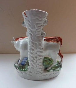 Large Staffordshire Spill Vase / Antique Figurine of a Cow Suckling her Calf by the Side of a River