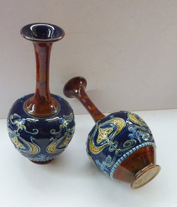 Matching Pair of ROYAL DOULTON LAMBETH Tube Lined Art Nouveau Faience Bottle / Trumpet Vases