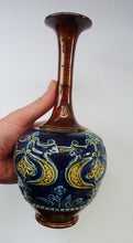 Load image into Gallery viewer, Matching Pair of ROYAL DOULTON LAMBETH Tube Lined Art Nouveau Faience Bottle / Trumpet Vases
