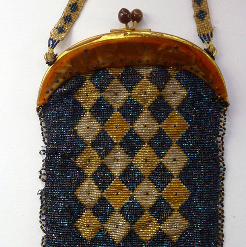 ART DECO Glass Beaded Bag with Celluloid Curved Clasp and Coffee Bean Details. Fabulous Vintage 1930s Evening Bag