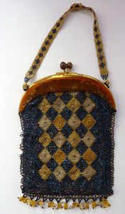ART DECO Glass Beaded Bag with Celluloid Curved Clasp and Coffee Bean Details. Fabulous Vintage 1930s Evening Bag