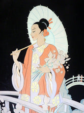 Load image into Gallery viewer, 1930s Art Deco Watercolour. Japanese Lady with Parasol in a Garden 
