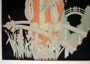 1930s Art Deco Watercolour. Japanese Lady with Parasol in a Garden 
