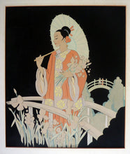 Load image into Gallery viewer, 1930s Art Deco Watercolour. Japanese Lady with Parasol in a Garden 
