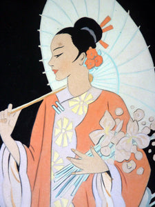 1930s Art Deco Watercolour. Japanese Lady with Parasol in a Garden 