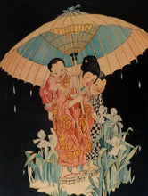 Load image into Gallery viewer, 1930s Art Deco Watercolour Japanese Lady and Children with a Parasol 
