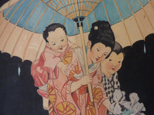 Load image into Gallery viewer, 1930s Art Deco Watercolour Japanese Lady and Children with a Parasol 
