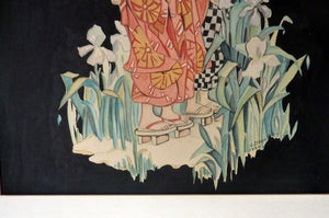1930s Art Deco Watercolour Japanese Lady and Children with a Parasol 