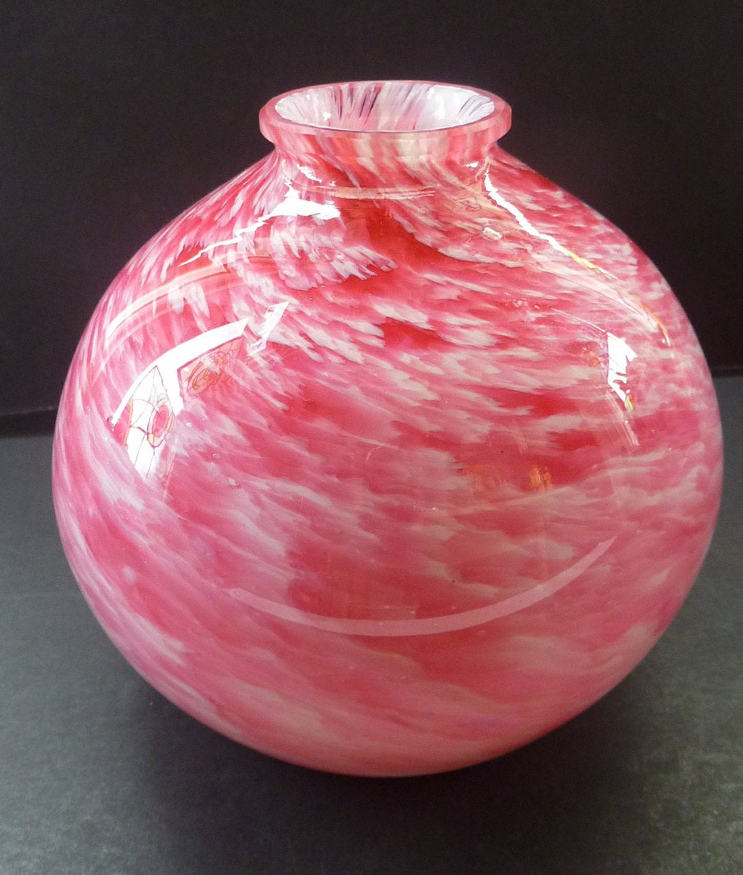 Lovely LARGE Chunky Vintage Globular Vase. With Pink and White Swirls; Cased in Clear Glass