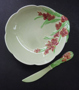 1950s Carlton Ware Forget me Not Butter Dish with Rare Spreading Knife. ORIGINAL BOX