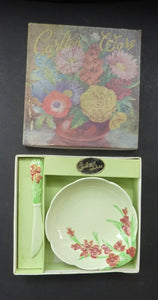 1950s Carlton Ware Forget me Not Butter Dish with Rare Spreading Knife. ORIGINAL BOX