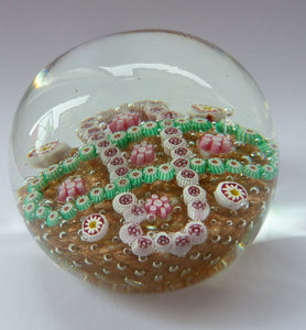 Vintage Murano Italian Glass Paperweight with Gold Aventurine and Millefiori