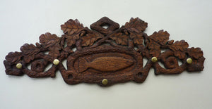 Unusual Antique FOLK ART / SCANDINAVIAN Carved Wood Coat Hook with Tiny Brass Pegs for Little Drawstring Bags: Dated 1886