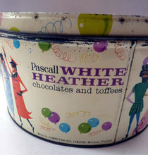 Load image into Gallery viewer, Large STORAGE BOX. Early 1960s Sweetie Tin for Pascall&#39;s White Heather Chocolates and Toffees. Fabulous Vintage Design
